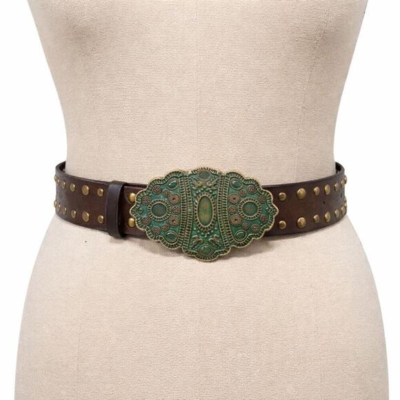 Vintage Brown Leather Studded Belt w/ Green Ornate Buckle | Boho Western main image 4